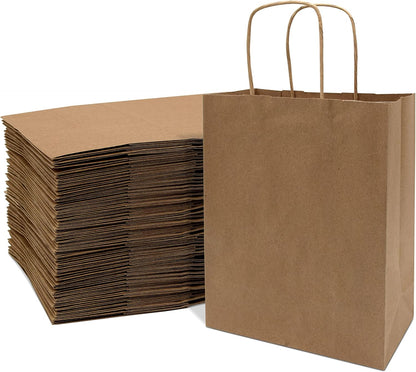 Prime Line Packaging Small Brown Paper Bags with Handles 8x4x10 Inch 50 Pack Kraft Gift Bags Bulk for Small Business, Retail Shopping, Boutiques