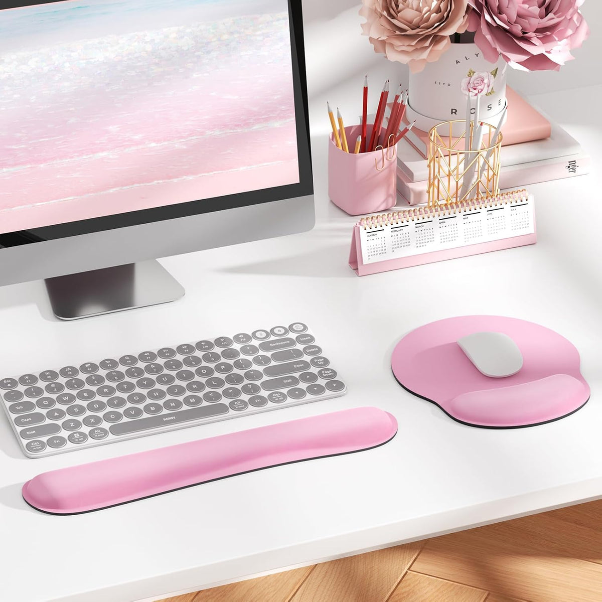 Keyboard Wrist Rest & Mouse Pad with Wrist Rest, Pale Pink