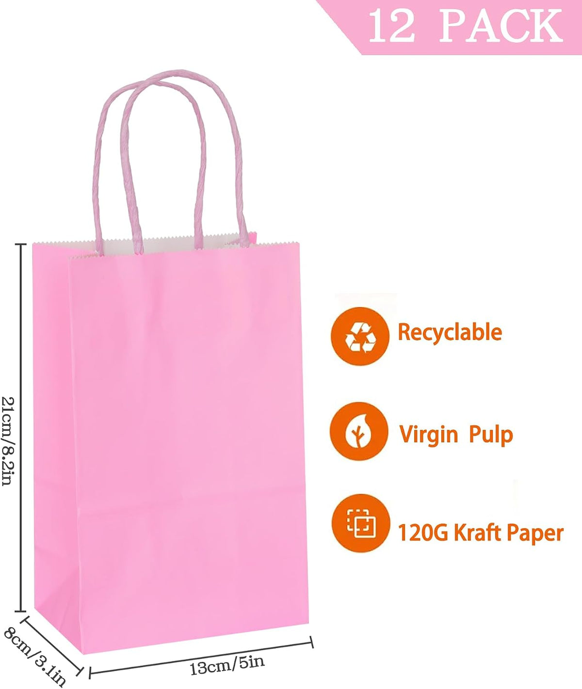 Pink Gift Bags with Handles Pink Kraft Paper Bags for Party Favors (5 x 3.1 x 8.2 in, 12 CT)