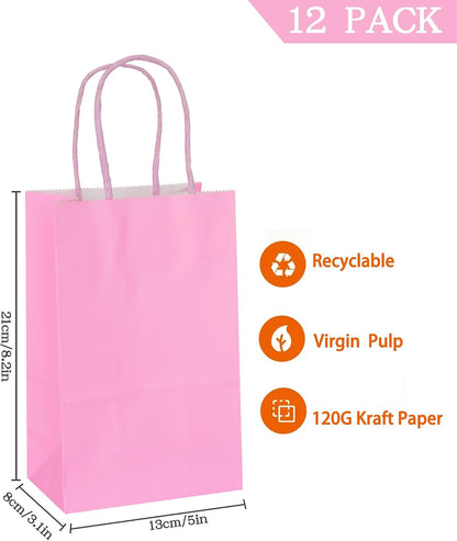 Pink Gift Bags with Handles Pink Kraft Paper Bags for Party Favors (5 x 3.1 x 8.2 in, 12 CT)