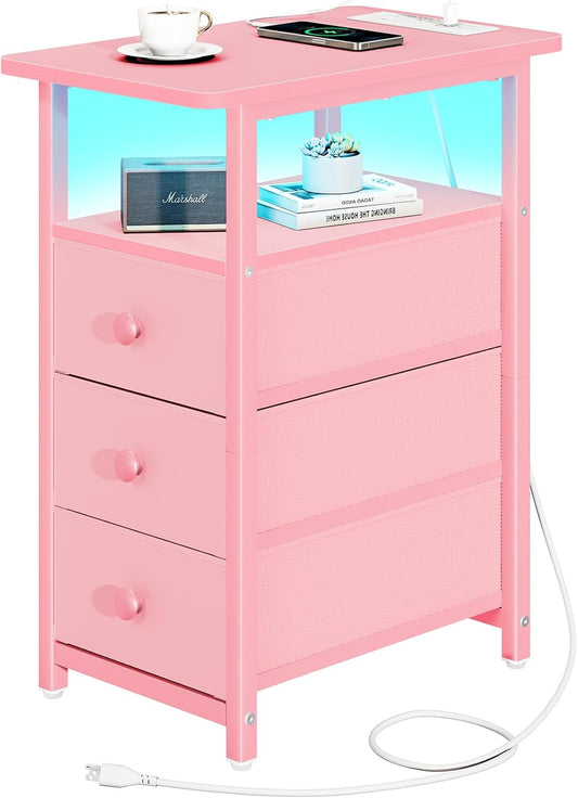 End Table with Charging Station, Pink Narrow Nightstand LED Bedside Table, Small Night Stand End Tables Living Room, Skinny Nightstand with 3 Fabric Drawers, Side Table for Small Spaces