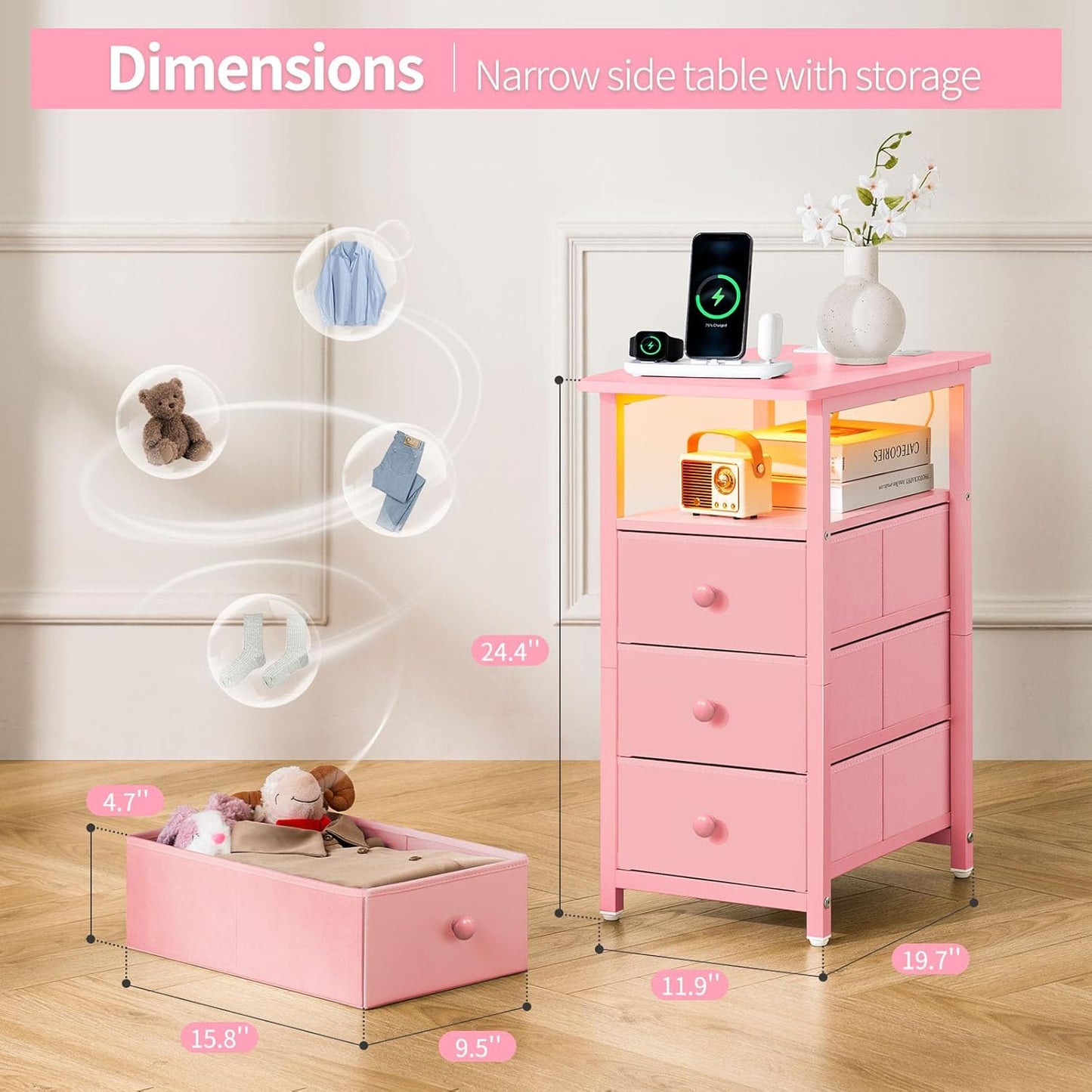 End Table with Charging Station, Pink Narrow Nightstand LED Bedside Table, Small Night Stand End Tables Living Room, Skinny Nightstand with 3 Fabric Drawers, Side Table for Small Spaces