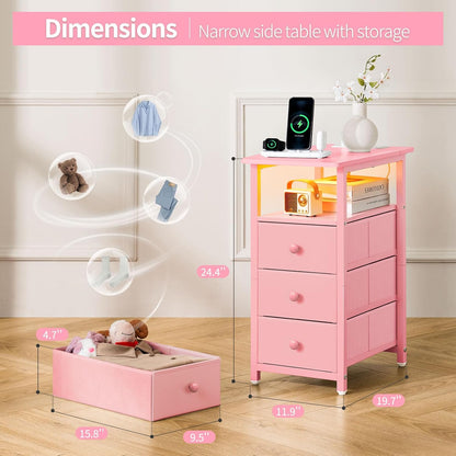 End Table with Charging Station, Pink Narrow Nightstand LED Bedside Table, Small Night Stand End Tables Living Room, Skinny Nightstand with 3 Fabric Drawers, Side Table for Small Spaces