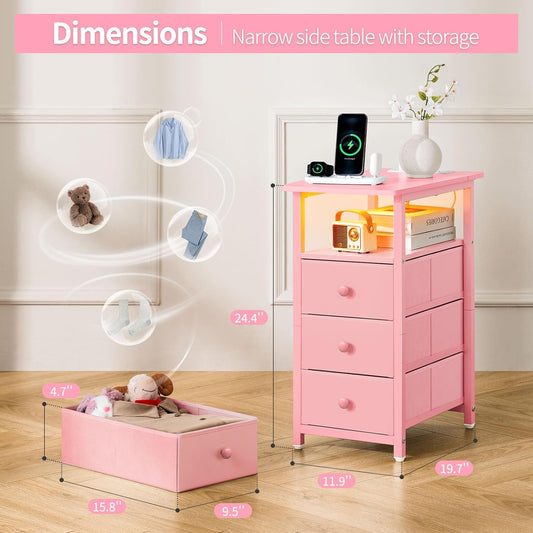 End Table with Charging Station, Pink Narrow Nightstand LED Bedside Table, Small Night Stand End Tables Living Room, Skinny Nightstand with 3 Fabric Drawers, Side Table for Small Spaces