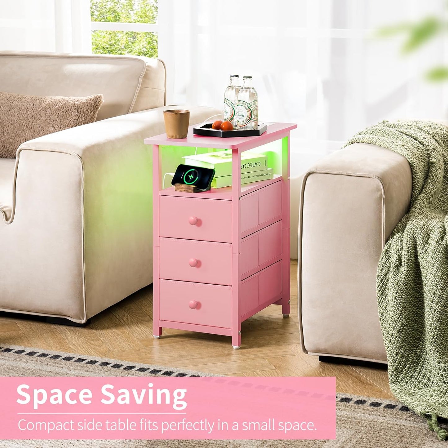 End Table with Charging Station, Pink Narrow Nightstand LED Bedside Table, Small Night Stand End Tables Living Room, Skinny Nightstand with 3 Fabric Drawers, Side Table for Small Spaces