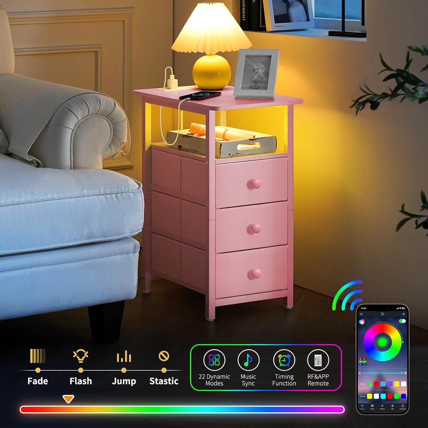 End Table with Charging Station, Pink Narrow Nightstand LED Bedside Table, Small Night Stand End Tables Living Room, Skinny Nightstand with 3 Fabric Drawers, Side Table for Small Spaces