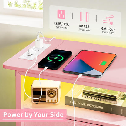 End Table with Charging Station, Pink Narrow Nightstand LED Bedside Table, Small Night Stand End Tables Living Room, Skinny Nightstand with 3 Fabric Drawers, Side Table for Small Spaces
