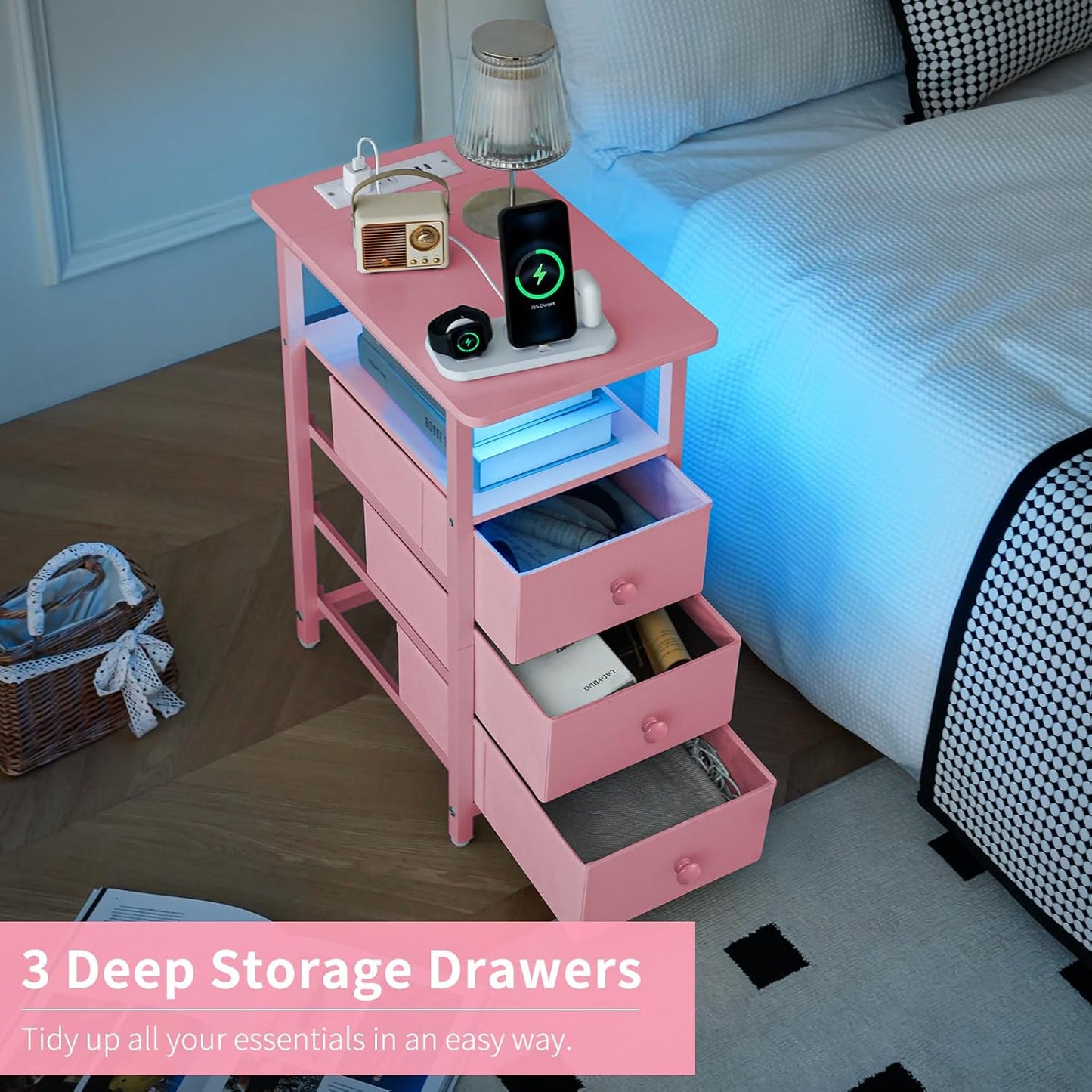 End Table with Charging Station, Pink Narrow Nightstand LED Bedside Table, Small Night Stand End Tables Living Room, Skinny Nightstand with 3 Fabric Drawers, Side Table for Small Spaces