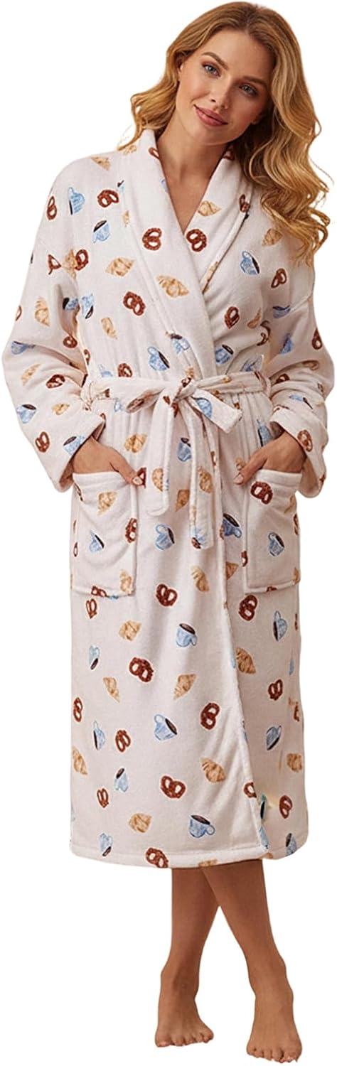 Women's Soft Plush Robe Flannel Lounge Robe Long Sleeve Striped Bathrobe with Belt