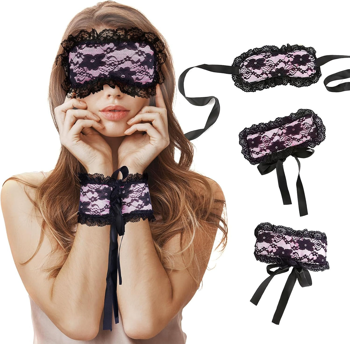 Blindfold Sleep Mask and Hand Ties - 3 Pcs Pink Black Cute Comfortable Lace Blackout Sleeping Eye Mask Cover Blind Folds for Couples Women, Lovely Valentines Day Gift for Her Girlfriend Wife