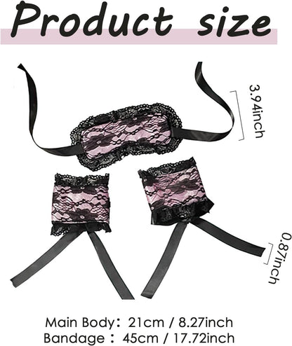 Blindfold Sleep Mask and Hand Ties - 3 Pcs Pink Black Cute Comfortable Lace Blackout Sleeping Eye Mask Cover Blind Folds for Couples Women, Lovely Valentines Day Gift for Her Girlfriend Wife