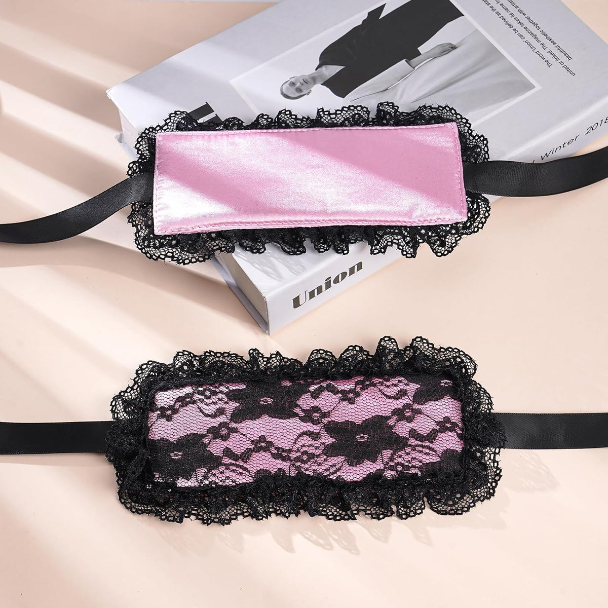 Blindfold Sleep Mask and Hand Ties - 3 Pcs Pink Black Cute Comfortable Lace Blackout Sleeping Eye Mask Cover Blind Folds for Couples Women, Lovely Valentines Day Gift for Her Girlfriend Wife