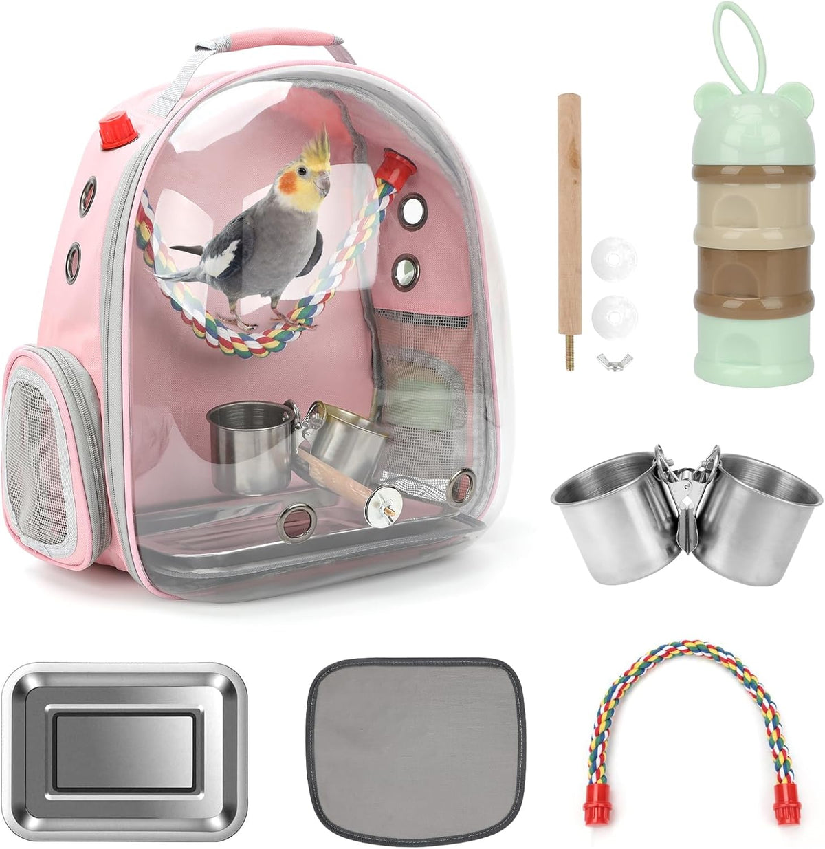 Bird Backpack Carrier, Bird Travel Cage for Parrots with Tray(Pink)