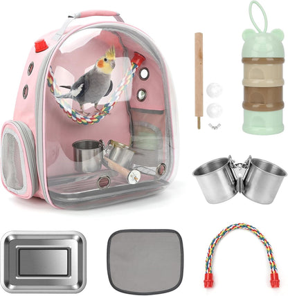 Bird Backpack Carrier, Bird Travel Cage for Parrots with Tray(Pink)