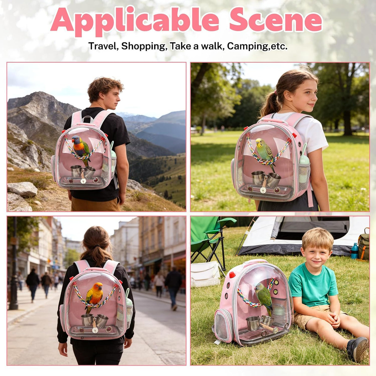 Bird Backpack Carrier, Bird Travel Cage for Parrots with Tray(Pink)