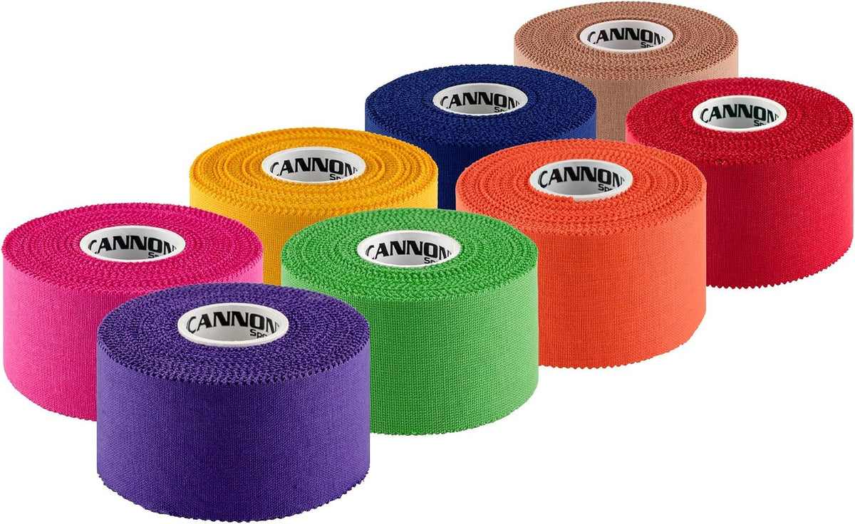 Premium Athletic Tape - 1.5” x 45 Feet Per Roll - Easy Tear, No Sticky Residue, Very Strong, Hypoallergenic, Latex Free - Pack of 8 (Purple-Pink-Green-Gold-Orange-Blue-Red-Natural)