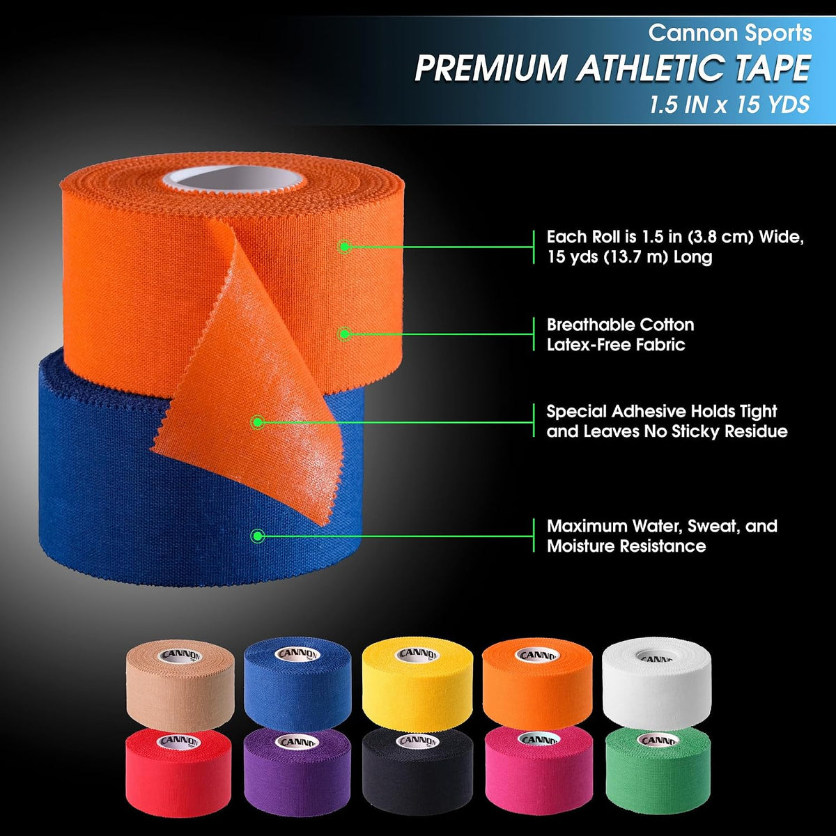 Premium Athletic Tape - 1.5” x 45 Feet Per Roll - Easy Tear, No Sticky Residue, Very Strong, Hypoallergenic, Latex Free - Pack of 8 (Purple-Pink-Green-Gold-Orange-Blue-Red-Natural)