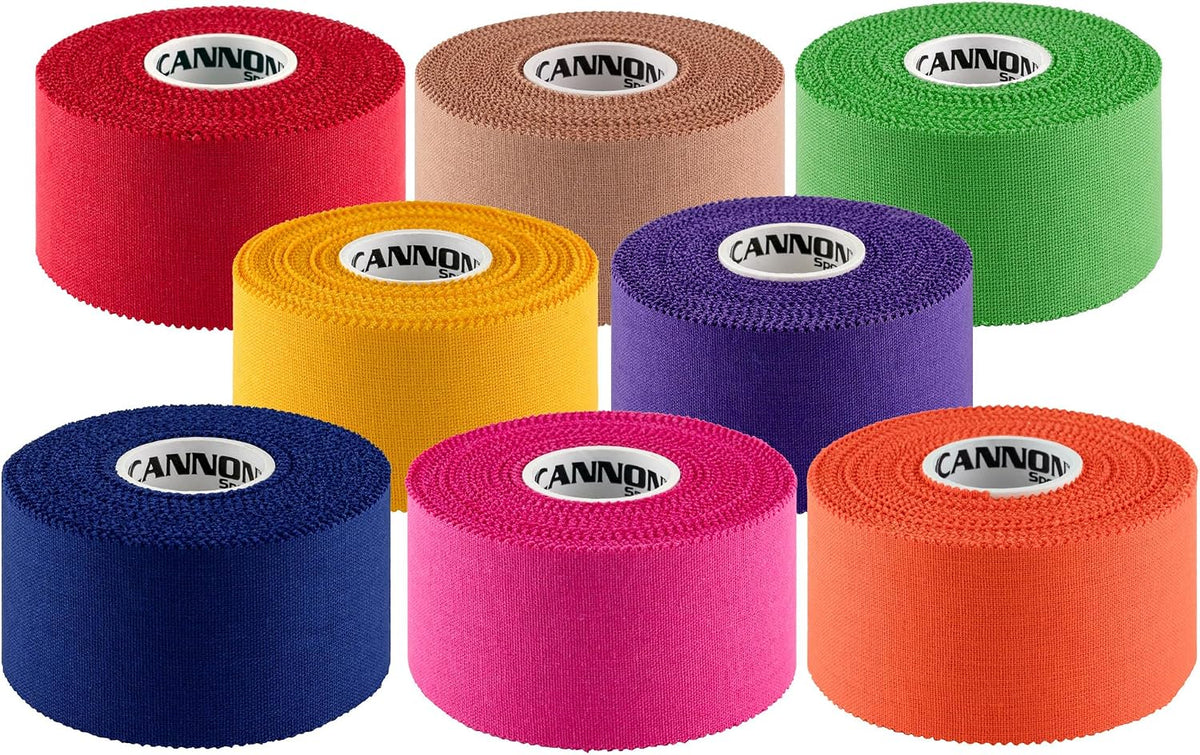 Premium Athletic Tape - 1.5” x 45 Feet Per Roll - Easy Tear, No Sticky Residue, Very Strong, Hypoallergenic, Latex Free - Pack of 8 (Purple-Pink-Green-Gold-Orange-Blue-Red-Natural)