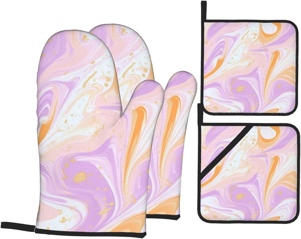 Oven Mitts and Pot Holders Set Light Pink Marble Art Liquid Heat Resistant Kitchen Gloves 2 Oven Mitts and 2 Pot Holders for Cooking Baking BBQ