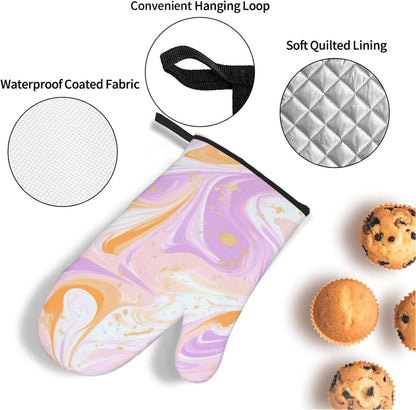 Oven Mitts and Pot Holders Set Light Pink Marble Art Liquid Heat Resistant Kitchen Gloves 2 Oven Mitts and 2 Pot Holders for Cooking Baking BBQ
