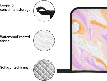Oven Mitts and Pot Holders Set Light Pink Marble Art Liquid Heat Resistant Kitchen Gloves 2 Oven Mitts and 2 Pot Holders for Cooking Baking BBQ