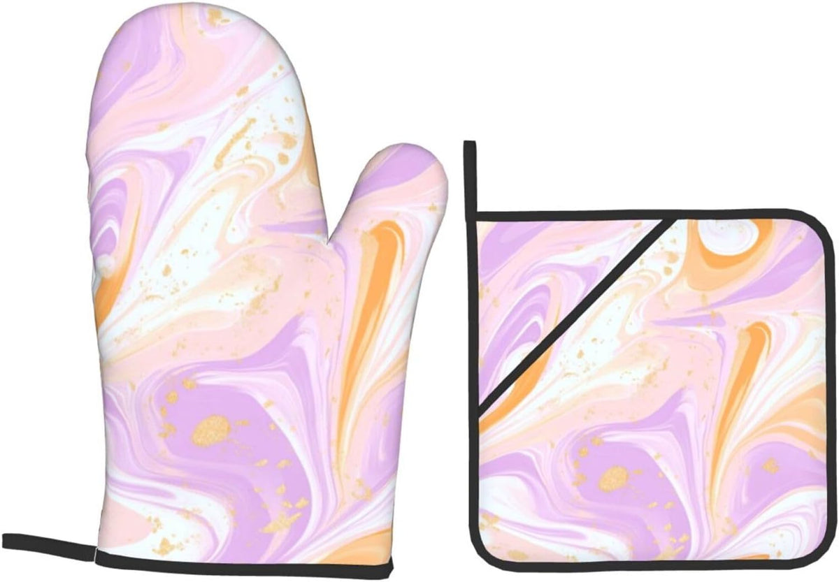 Oven Mitts and Pot Holders Set Light Pink Marble Art Liquid Heat Resistant Kitchen Gloves 2 Oven Mitts and 2 Pot Holders for Cooking Baking BBQ