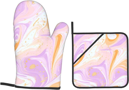 Oven Mitts and Pot Holders Set Light Pink Marble Art Liquid Heat Resistant Kitchen Gloves 2 Oven Mitts and 2 Pot Holders for Cooking Baking BBQ