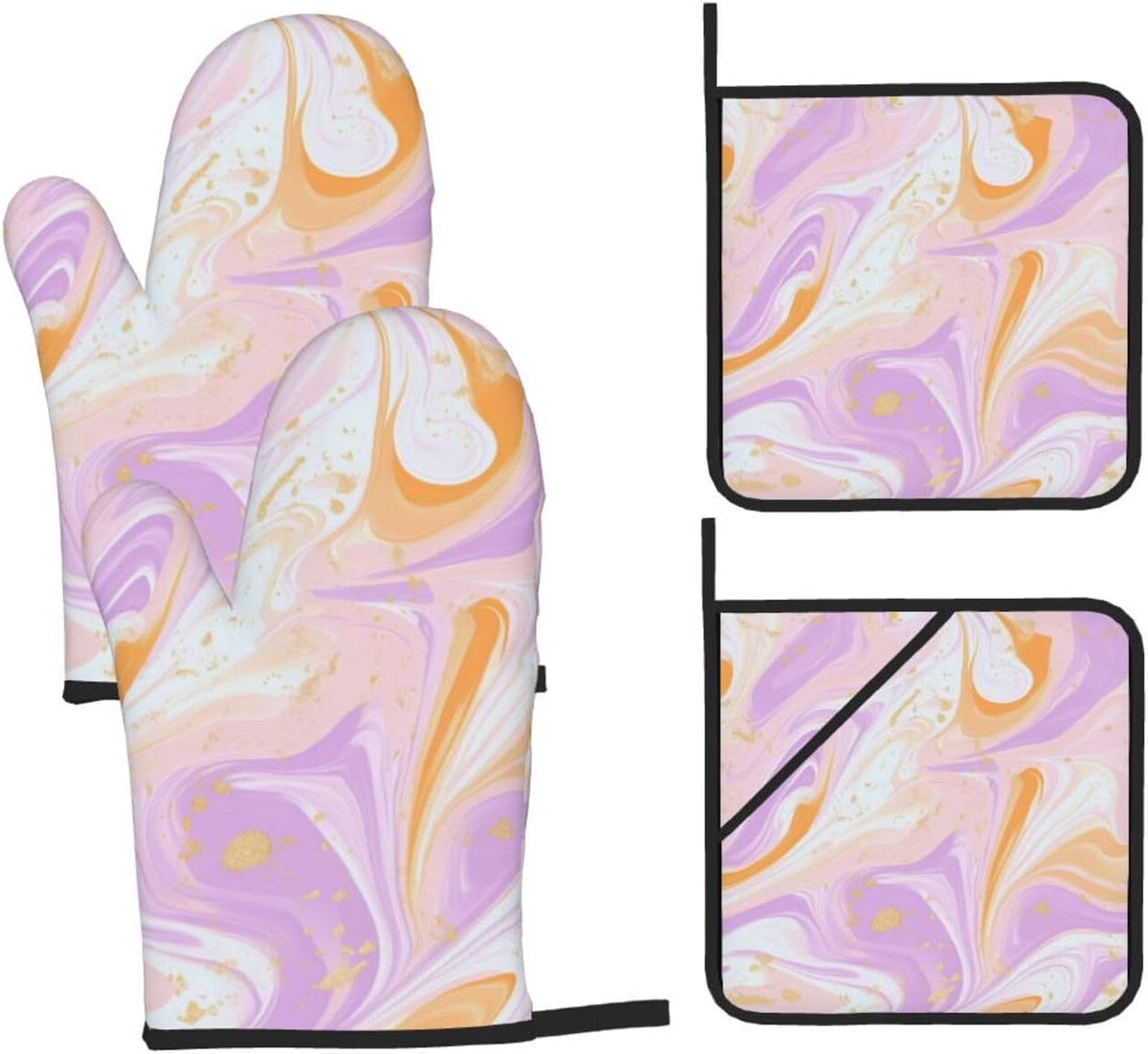 Oven Mitts and Pot Holders Set Light Pink Marble Art Liquid Heat Resistant Kitchen Gloves 2 Oven Mitts and 2 Pot Holders for Cooking Baking BBQ