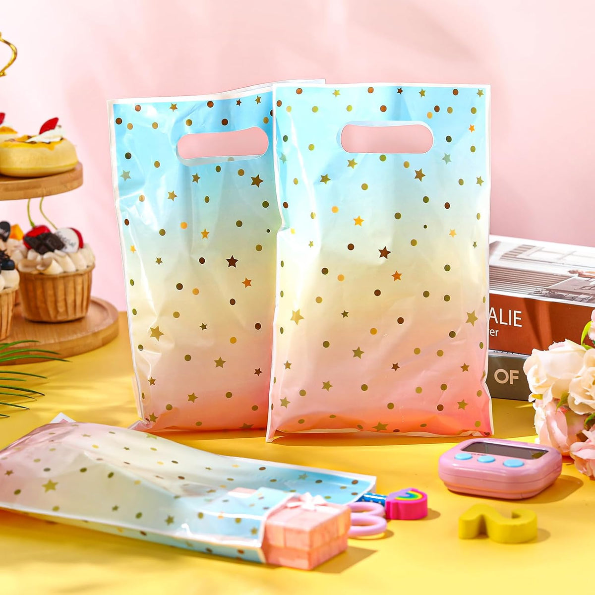 100 Pcs Pastel Candy Bags Pink Blue Rainbow Treat Bag