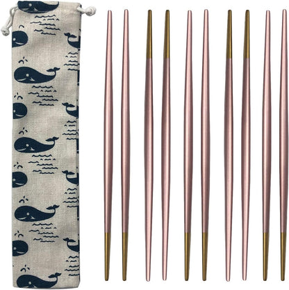 5 Pairs Stainless Steel 8.6 Inches Pink Chopsticks,Reusable Premium Non Slip Lightweight Multicolor Eco-Friendly Metal Chop Sticks With Portable Bag, Round Handle, For Gift Camping Home