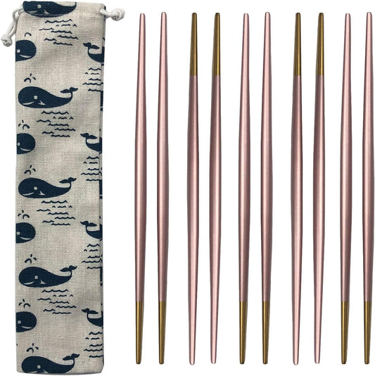 5 Pairs Stainless Steel 8.6 Inches Pink Chopsticks,Reusable Premium Non Slip Lightweight Multicolor Eco-Friendly Metal Chop Sticks With Portable Bag, Round Handle, For Gift Camping Home