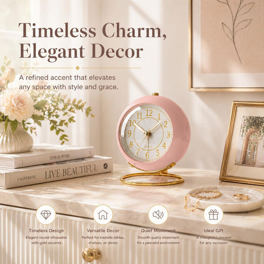 ® Battery Operated Desk Alarm Clock with Light,Silent No Ticking,Small Table Clock for Bedside/Bedroom/Living Room/Office/Travel/Kids/Room Decor Aesthetic Vintage(Pink)
