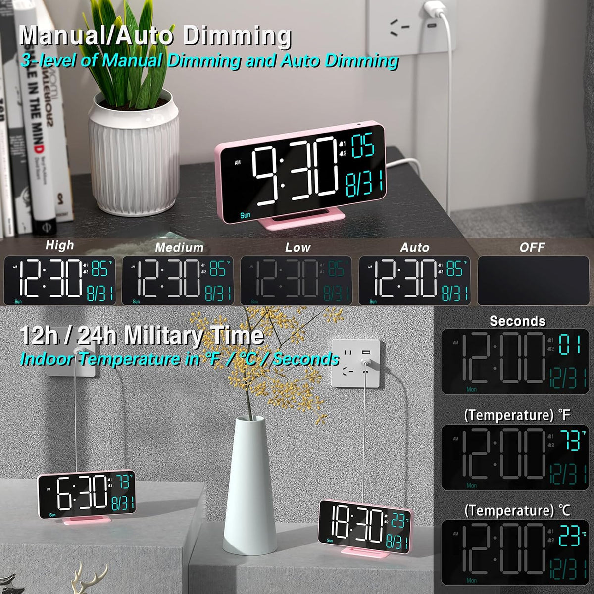 KOSUMOSU Clock for Bedroom, 6.7in Digital Alarm Clock, Auto Dimming, Room Temperature, Day of The Week, Seconds, Date, Alarm Clocks for Bedrooms, Digital Clocks for Living Room