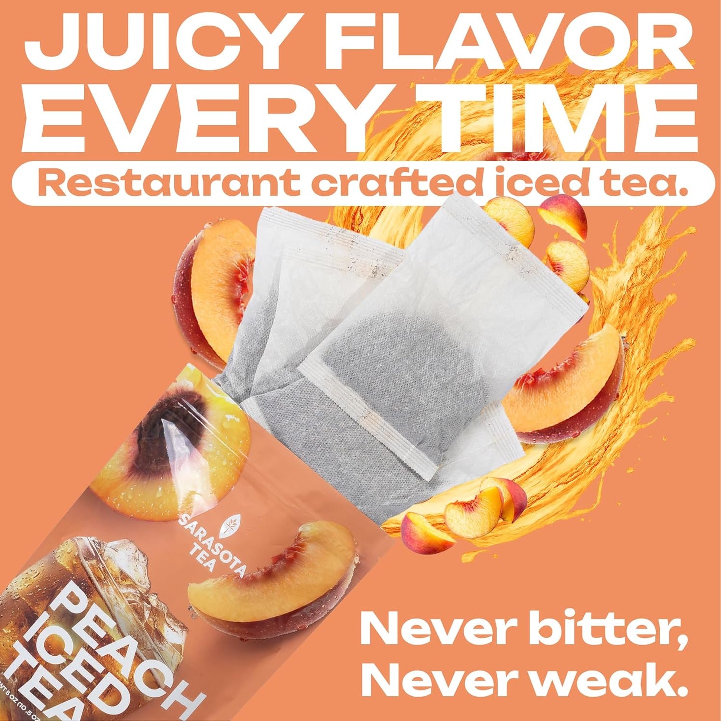 Peach Iced Tea Bags Half Gallon | 10 Count Large Iced Tea Bags | Makes 5 Gallons | Juicy Crisp Peach Flavor | Easy Brew Pitcher