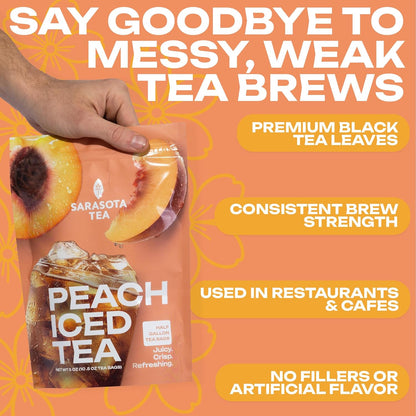 Peach Iced Tea Bags Half Gallon | 10 Count Large Iced Tea Bags | Makes 5 Gallons | Juicy Crisp Peach Flavor | Easy Brew Pitcher