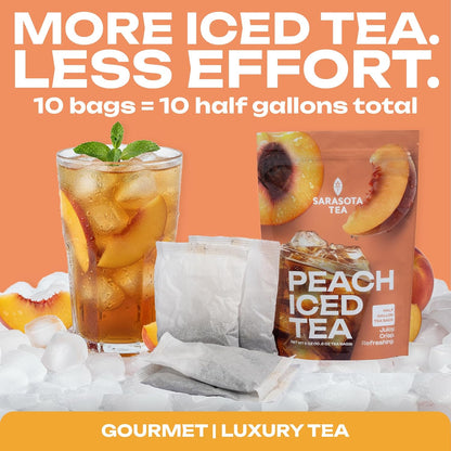 Peach Iced Tea Bags Half Gallon | 10 Count Large Iced Tea Bags | Makes 5 Gallons | Juicy Crisp Peach Flavor | Easy Brew Pitcher