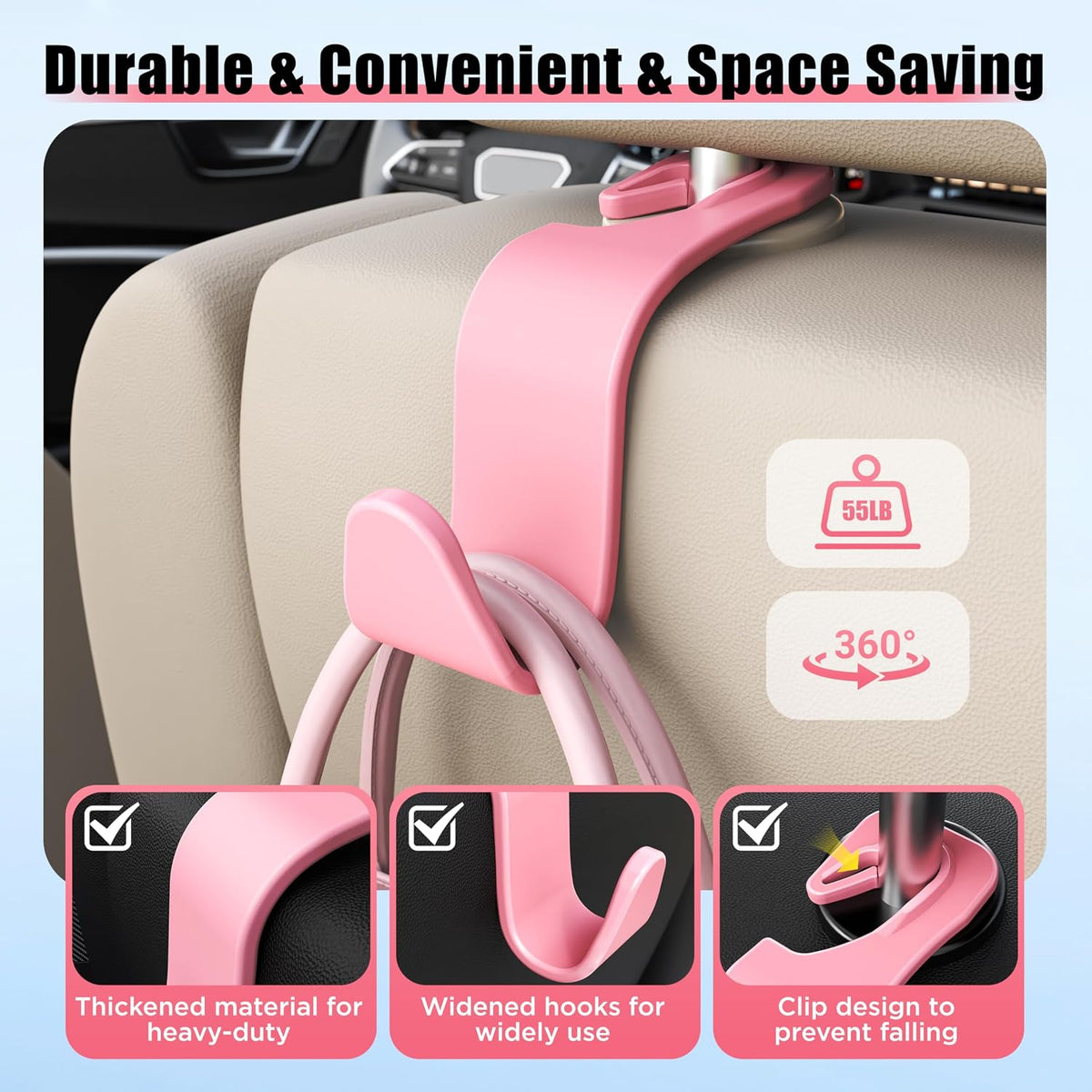 Car Seat Headrest Hooks 4-Pack Storage Organizer Holds 55 lbs