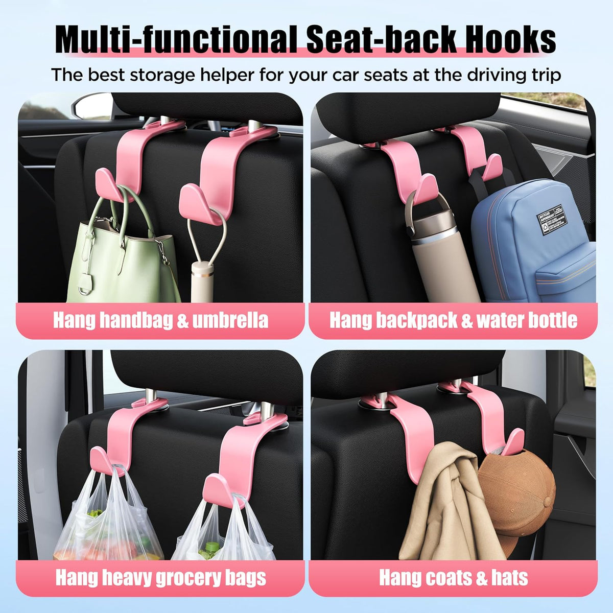 Car Seat Headrest Hooks 4-Pack Storage Organizer Holds 55 lbs