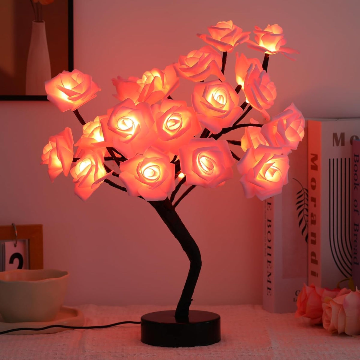 Rose Flower Tree Lamp - LED Rose Tree Table Lamp USB/Battery Powered Artificial Bonsai Flower Night Light for Bedroom Living Room Party Wedding Birthday Decor (Pink)