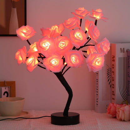 Rose Flower Tree Lamp - LED Rose Tree Table Lamp USB/Battery Powered Artificial Bonsai Flower Night Light for Bedroom Living Room Party Wedding Birthday Decor (Pink)