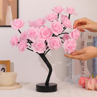 Rose Flower Tree Lamp - LED Rose Tree Table Lamp USB/Battery Powered Artificial Bonsai Flower Night Light for Bedroom Living Room Party Wedding Birthday Decor (Pink)
