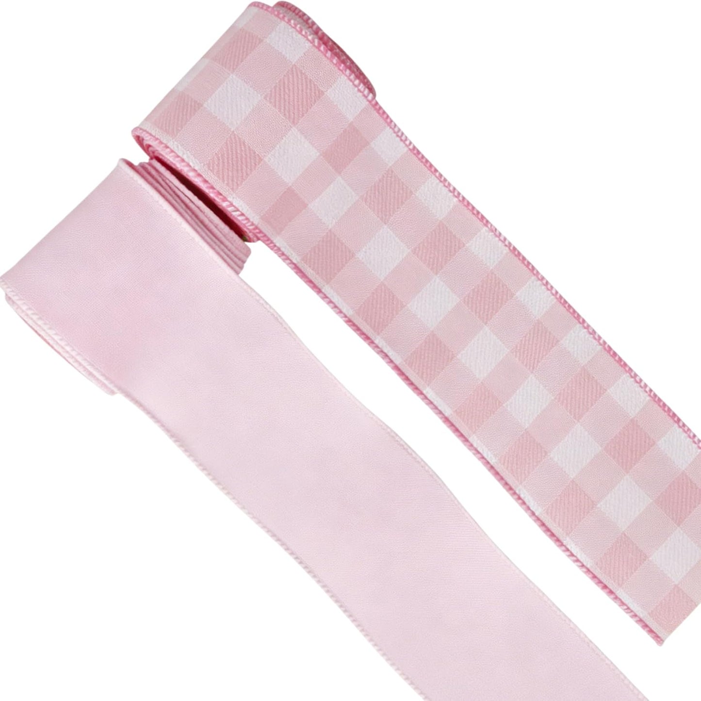 Meseey 1.5 Inch Pink Wired Ribbon Set, 2 Rolls Total 10 Yards Solid Light Pink & Pink White Buffalo Check Wired Edge Ribbon for Wreaths, Bows, Gift Wrapping, Baby Shower & Spring Decor
