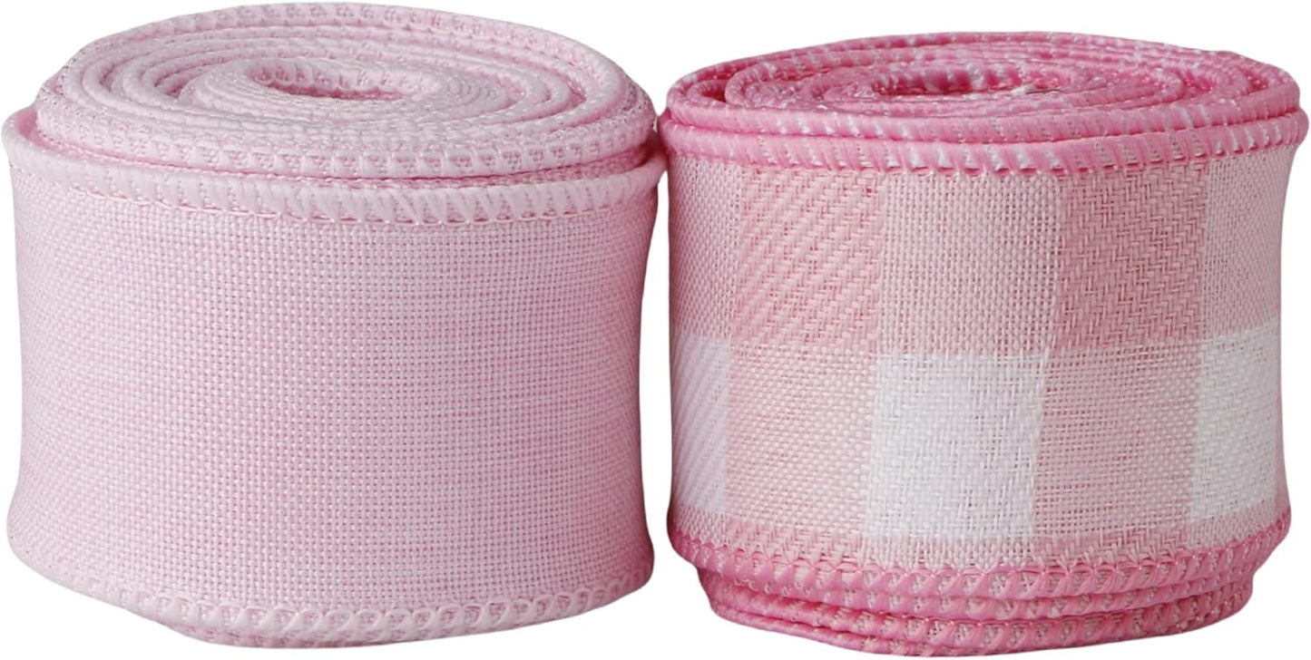 Meseey 1.5 Inch Pink Wired Ribbon Set, 2 Rolls Total 10 Yards Solid Light Pink & Pink White Buffalo Check Wired Edge Ribbon for Wreaths, Bows, Gift Wrapping, Baby Shower & Spring Decor