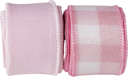 Meseey 1.5 Inch Pink Wired Ribbon Set, 2 Rolls Total 10 Yards Solid Light Pink & Pink White Buffalo Check Wired Edge Ribbon for Wreaths, Bows, Gift Wrapping, Baby Shower & Spring Decor