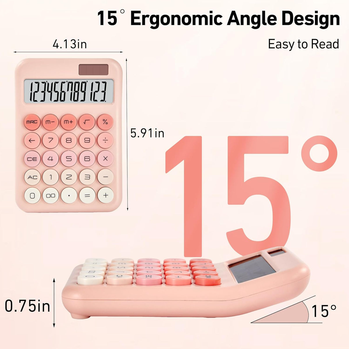 Cute Pink Desktop Calculator, 12-Digit Basic Calculator with Large LCD Display and Responsive Buttons, Dual Solar & Battery Powered Calculator for Office, School, Home and Business