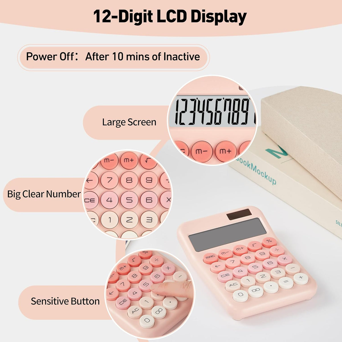 Cute Pink Desktop Calculator, 12-Digit Basic Calculator with Large LCD Display and Responsive Buttons, Dual Solar & Battery Powered Calculator for Office, School, Home and Business
