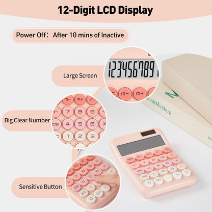 Cute Pink Desktop Calculator, 12-Digit Basic Calculator with Large LCD Display and Responsive Buttons, Dual Solar & Battery Powered Calculator for Office, School, Home and Business