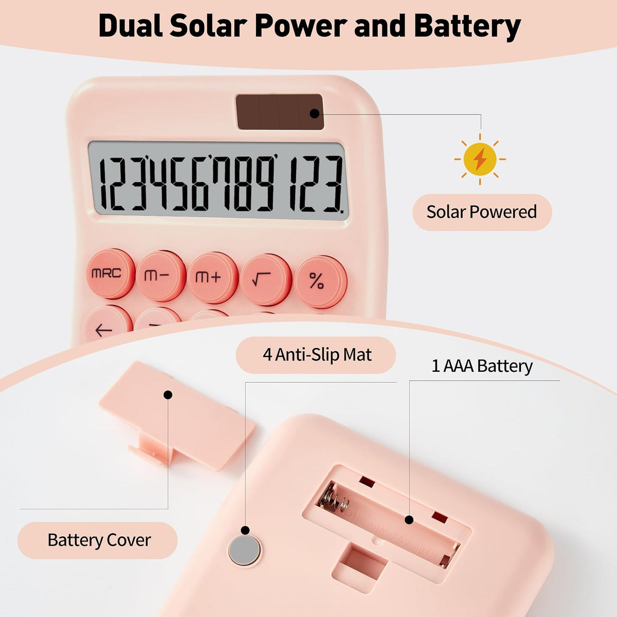 Cute Pink Desktop Calculator, 12-Digit Basic Calculator with Large LCD Display and Responsive Buttons, Dual Solar & Battery Powered Calculator for Office, School, Home and Business