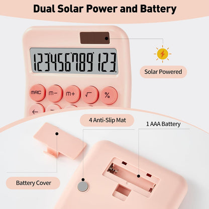 Cute Pink Desktop Calculator, 12-Digit Basic Calculator with Large LCD Display and Responsive Buttons, Dual Solar & Battery Powered Calculator for Office, School, Home and Business