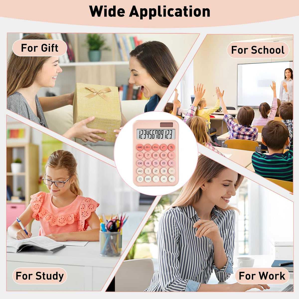 Cute Pink Desktop Calculator, 12-Digit Basic Calculator with Large LCD Display and Responsive Buttons, Dual Solar & Battery Powered Calculator for Office, School, Home and Business